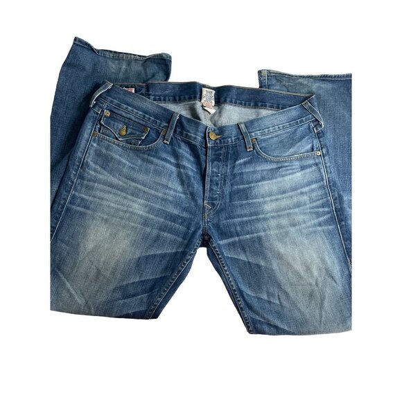True Religion Mens Straight Leg Distressed Blue Denim Jeans Size 40 Made In USA - Picture 1 of 7